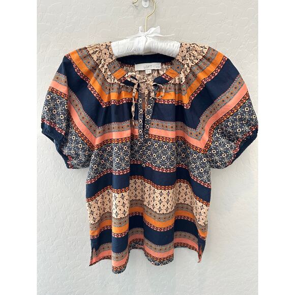 LOFT | Petite Boho Print Keyhole Short Puff Sleeve Peasant Top | Small - Picture 1 of 6
